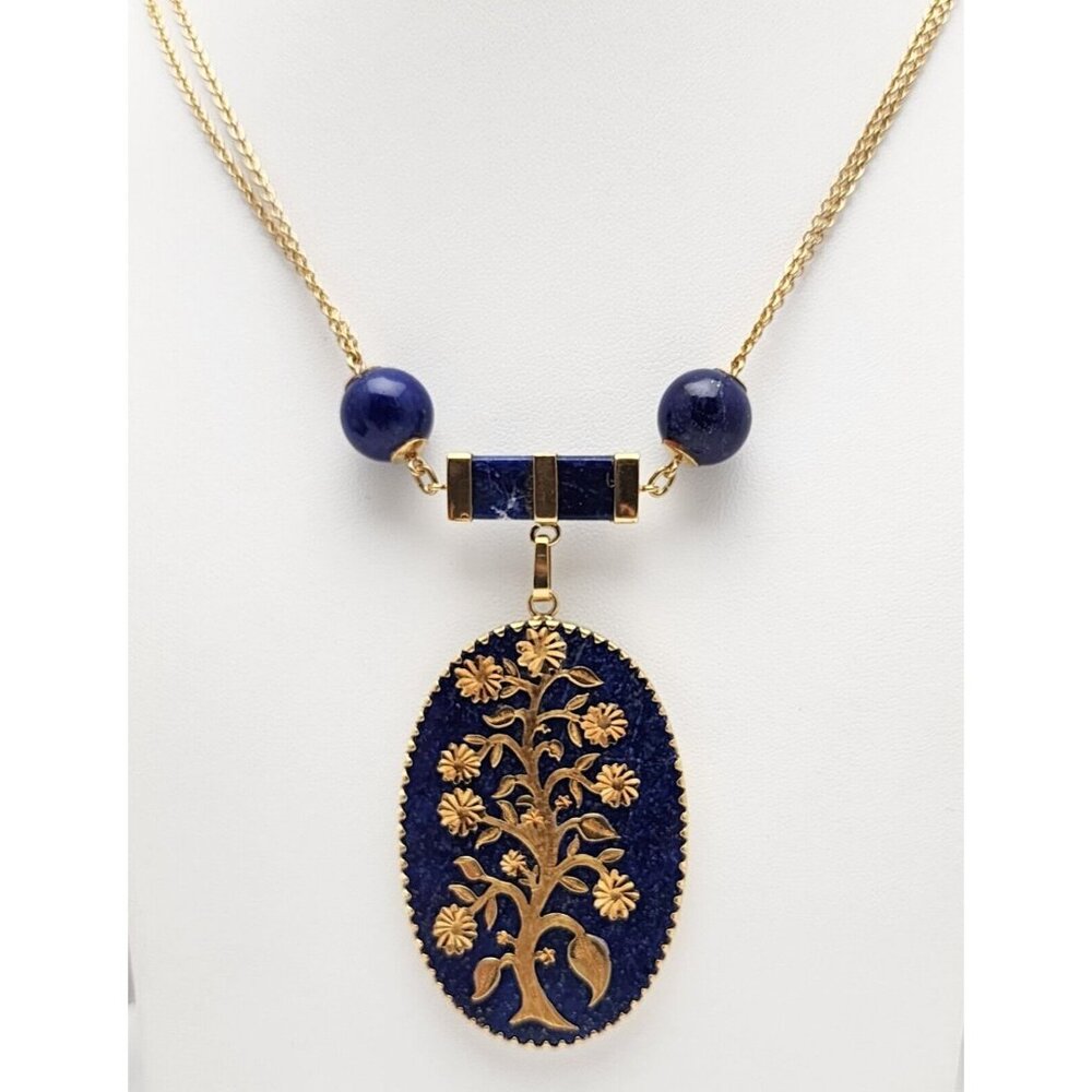 18K Solid Yellow Gold Floral Lapis Lazuli Bead Ball Link Chain Necklace 30.50" L
